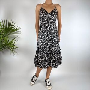 Vintage Y2K Floral Black & Ivory Bebe Silk Strappy Midi Dress / Size: Small